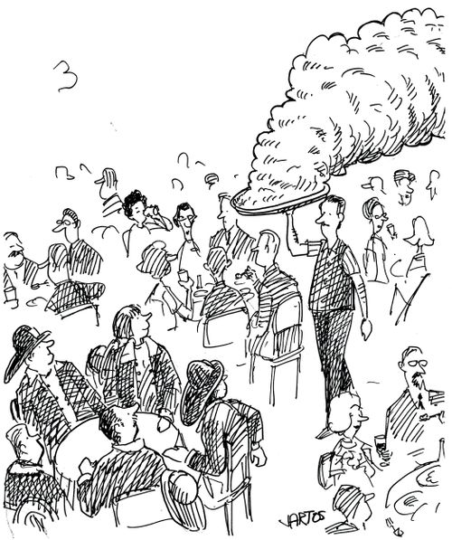 Waiter carrying a smoking plate to a table of firefighters.