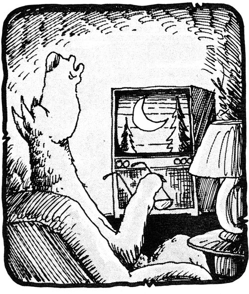 Wolf howling to moon on the television.