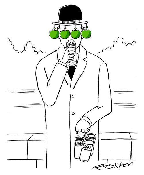 Magritte character has apples hanging from hat like corks, Australian-style.
