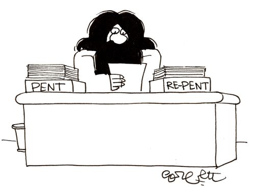'Pent' and 'repent' trays on God's desk.