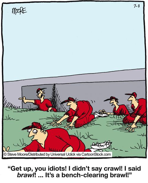 'Get up, you idiots! I didn't say crawl! I said brawl! It's a bench-clearing brawl!'