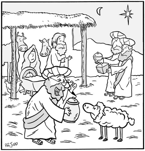 Christmas Scene: Wise man with poor vision offering a gift to a sheep.