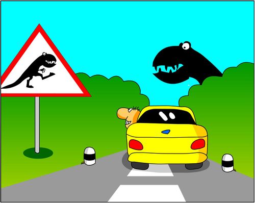 Road sign with a dinosaur.