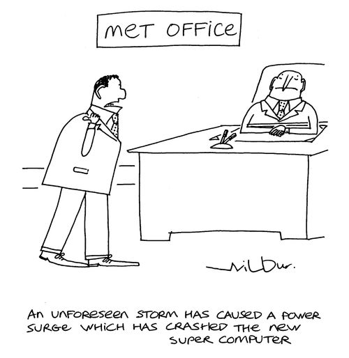 'An unforseen storm has caused a power surge which has crashed the new super computer.'