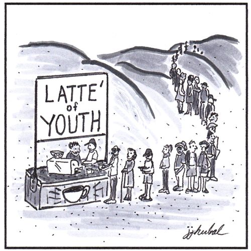 Latte of Youth, located in the middle of the desert, line of people waiting to be served stretches for miles