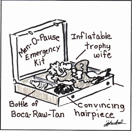 Men-O-Pause Emergency Kit, contents include an inflatable trophy wife, bottle of Boca-Raw-Tan and a convincing hairpiece
