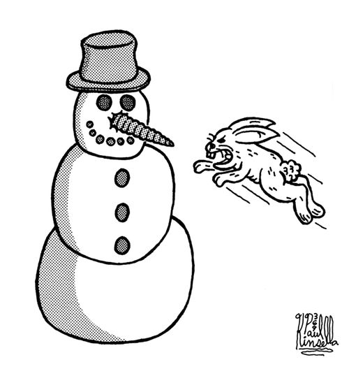 Hungry rabbit attacking carrot nose of snowman.