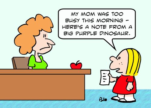 'My mom was too busy this morning - Here's a note from a big purple dinosaur.'