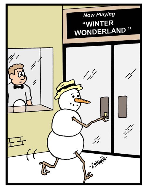 Snowman going to a movie theatre to see Winter Wonderland.