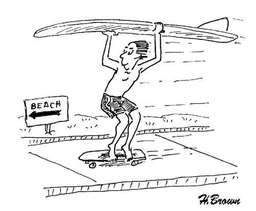 Surfer skateboards to the beach.
