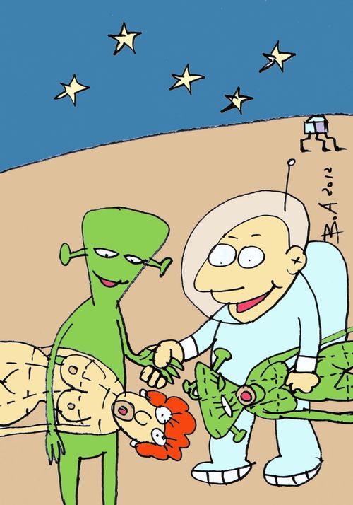 Human and alien exchange sex toys.
