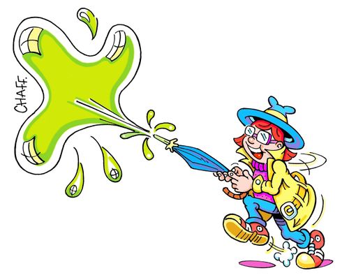 A kid squirting gunk from an umbrella.