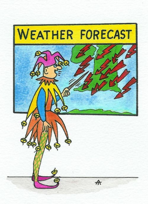 A jester doing the weather forecast.