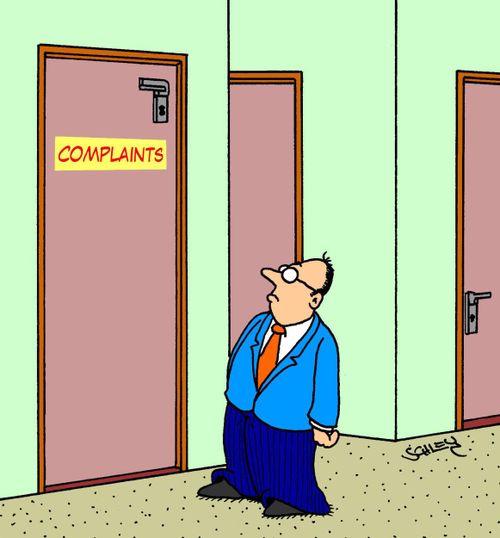 Complaints department has an unreachable door handle.
