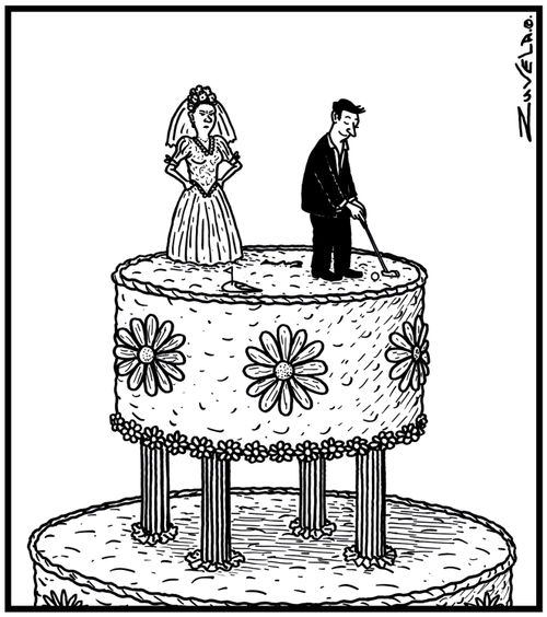 Wedding cake figures having marital problems.