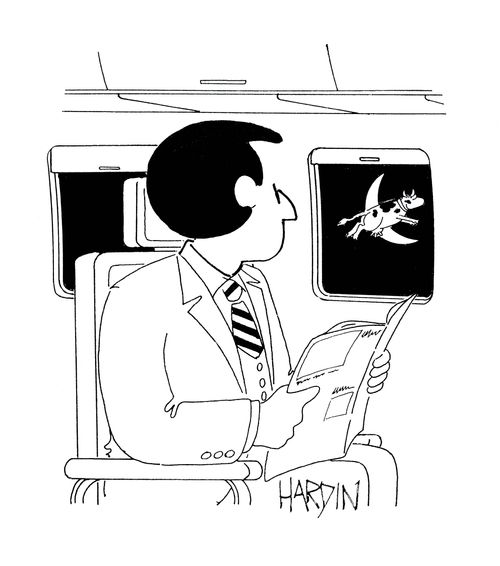 Man on plane sees cow jumping over moon.