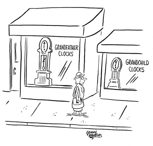 Lady on sidewalk passes store with 'Grandfather Clocks' and then 'Grandchild Clocks'.