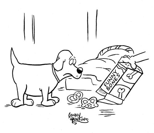 Pet owner pours out contents of treats for dog that are oddly shaped. Box titled: 'Funny Bones'.