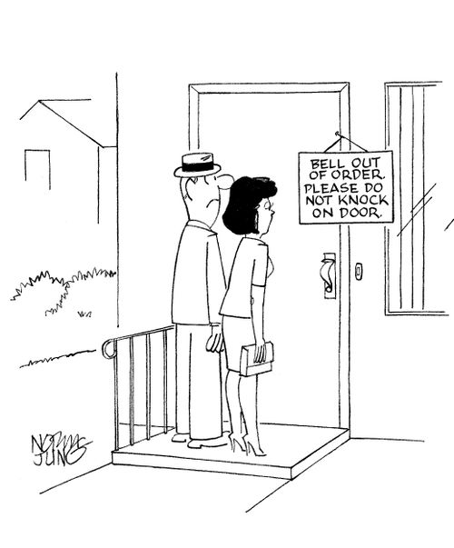 Couple see sign on door: Bell out of order. Please do not knock on door.