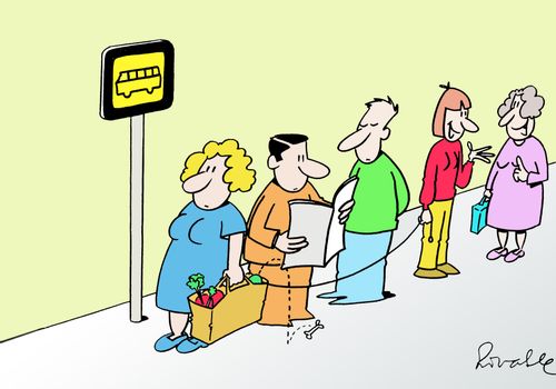 A dog goes into a woman's shopping at a bus stop.