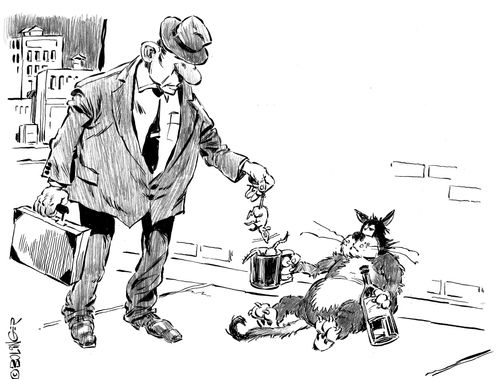 Alley cat begging, receiving mouse in cup.
