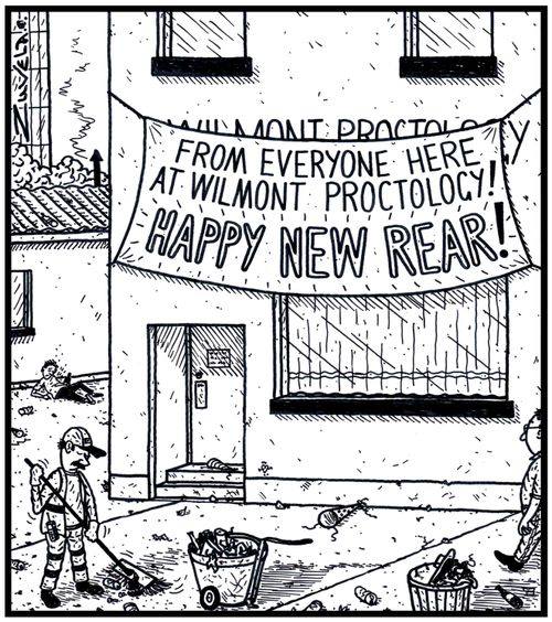  'From everyone here at Wilmont Proctology! HAPPY NEW REAR!'