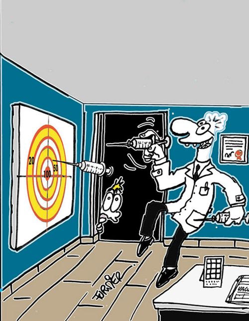 Doctor doing target practice with needles.