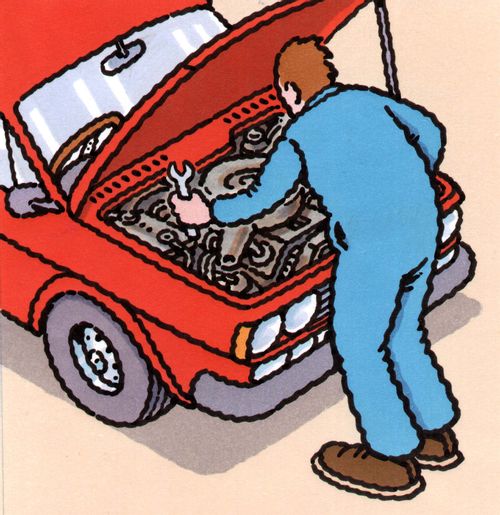 Mechanic looking under the hood of a car.