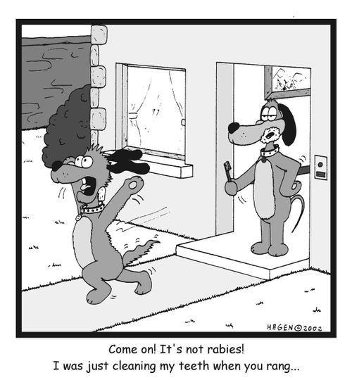 "Come on! It's not rabies! I was just cleaning my teeth when you rang?