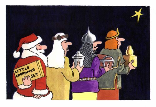 3 kings and santa with gifts