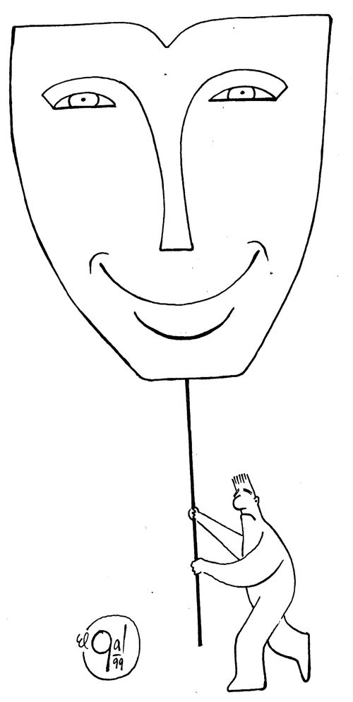 The sad man carries a smiling face mask
