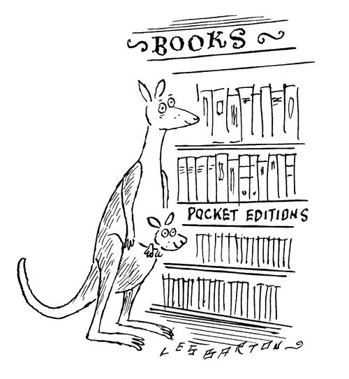 Kangaroos in book shop. Sign reads, 'books', 'pocket editions'.