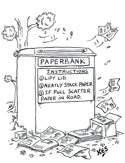 Paperbank instructions: 1 - Lift lid; 2 - Neatly stack paper; 3 - If full scatter paper in road.