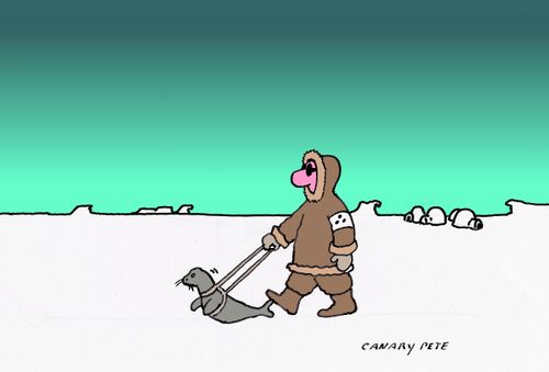 Blind eskimo being guided by a seal.