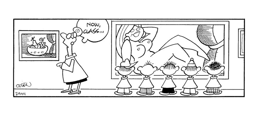 'Now class,' says teacher, looking at a bowl of fruit.  Behind her, her class is staring at a portrait of a naked woman.