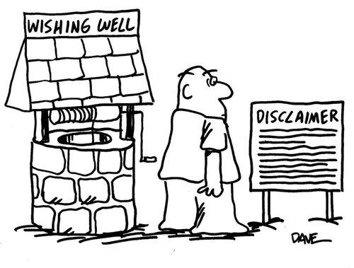 Wishing well with 'Disclaimer' sign.