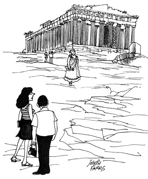 Tourists visiting Greek temple ruins