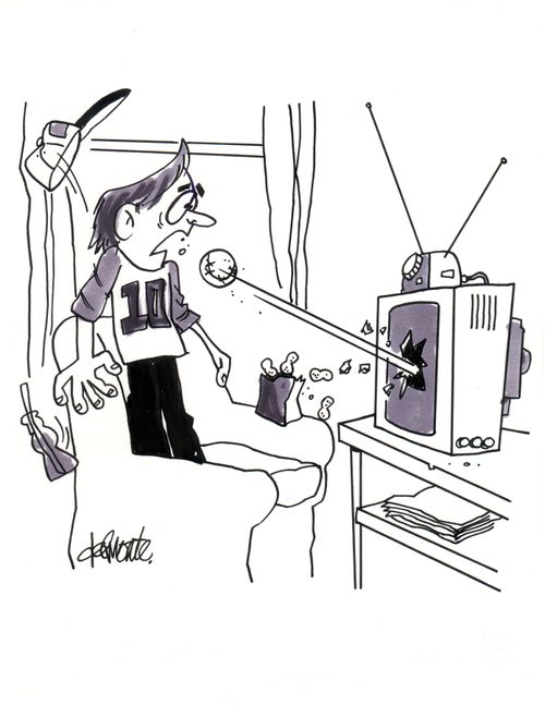 As a kid watches a baseball game a ball bursts through the TV at his face.