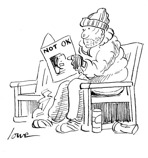 Not O.K. Tramp reading Not O.K. magazine.