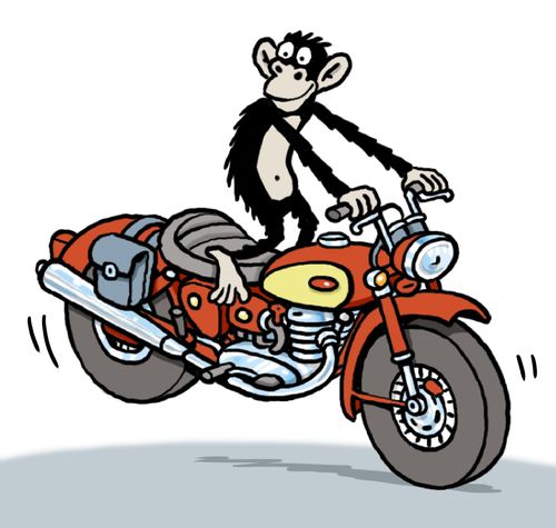 Monkey doing stunts on a big red motorbike.