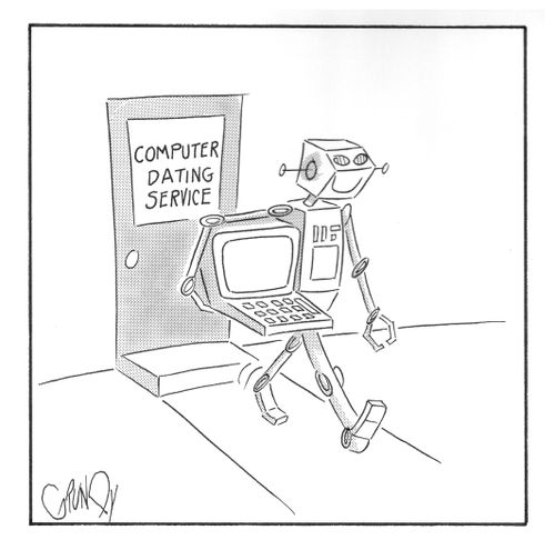Robot leaves 'Computer Dating Service' with computer.
