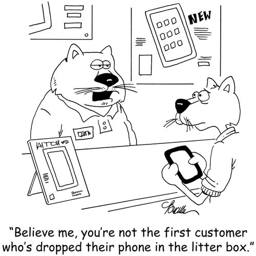 'Believe me, you're not the first customer who's dropped their phone in the litter box.'