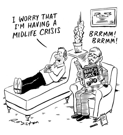 Man says 'I worry that I'm having a midlife crisis' as psychiatrist reads motorbike magazine, makes 'broom broom' noises.