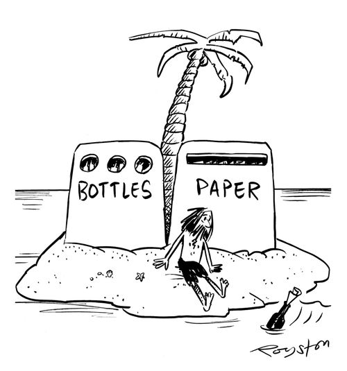 Desert island has bottle bank and paper bank. Castaway sees message in bottle float towards island.