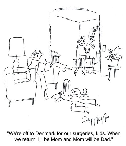 'We're off to Denmark for our surgeries, kids, When we return, I'll be Mom and Mom will be Dad,'