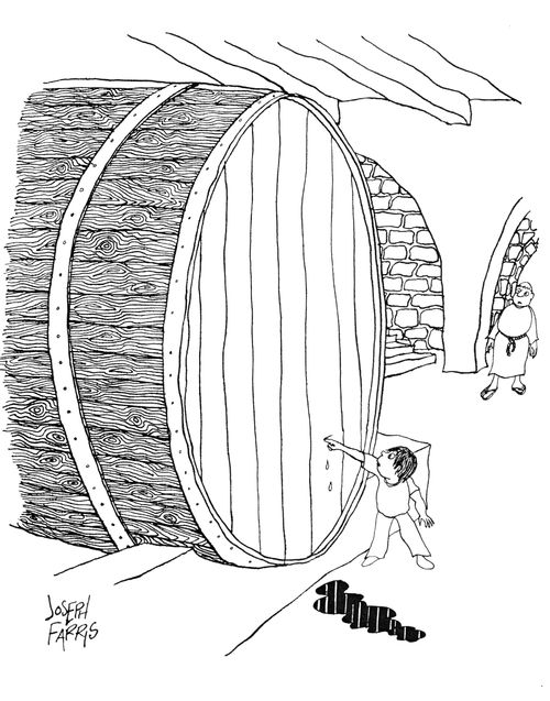 Boy with his finger in hole in a huge wine barrel.