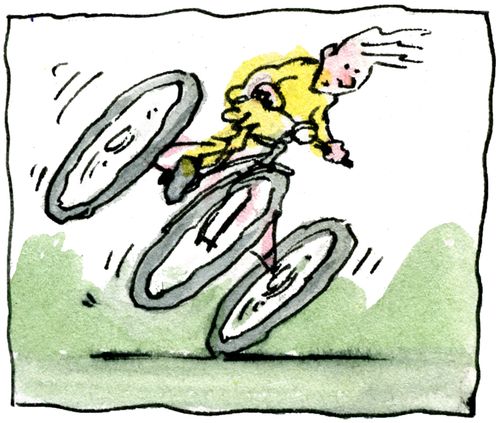 Overturning a tricycle balanced on one wheel.