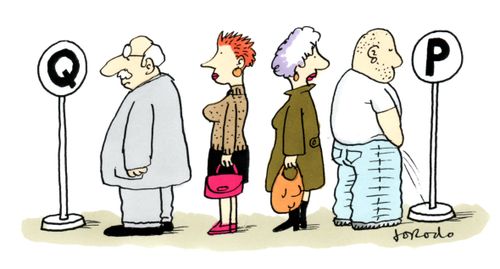 Queue at 'Q' sign, and man at 'P' sign