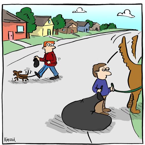 Man with giant dog has a giant poop bag.