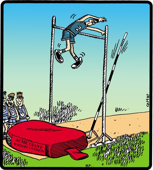 Pole jumper about to land on a giant whoopi cushion.